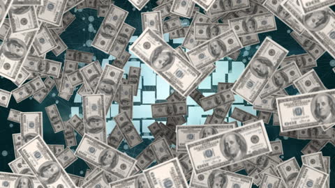 Abundance of Dollar Bills Over Futuristic Cloud Icon and Connections