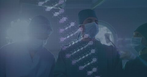 Cinematic DNA Strand Overlaying Surgeons in Medical Setting