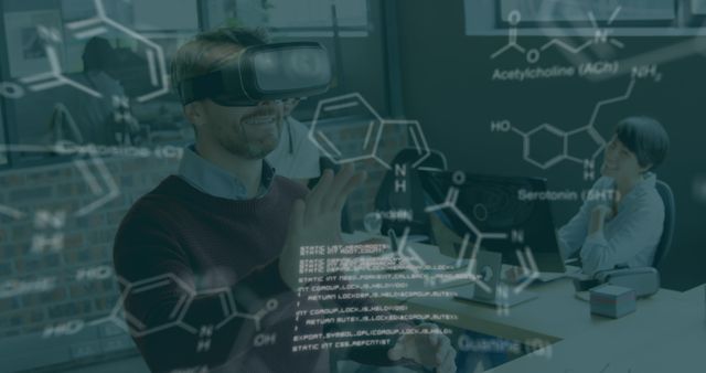 Scientist wearing VR headset engaging with virtual chemical models in modern laboratory. Ideal for illustrating innovation in scientific research, use of technology in education, and advancements in chemistry. Great for educational content, tech blogs, and promotional materials for scientific institutions.