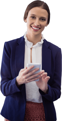 Transparent portrait businesswoman smiling using smartphone