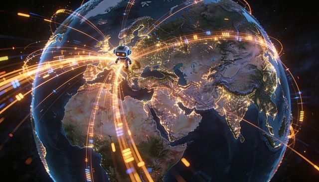 Orbiting globe with glowing data trails and futuristic robot connecting global network