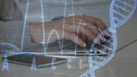 Businesswoman Analyzing Digital DNA Data on Laptop