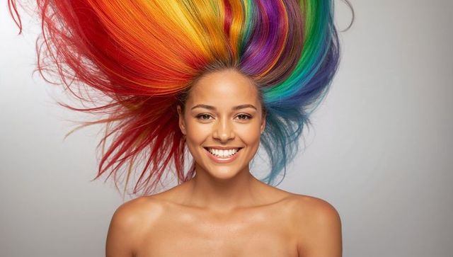 Smiling Woman with Vivid Rainbow Hair in Dynamic Portrait