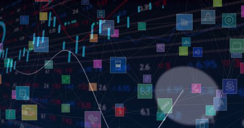 Digital Icons Overlay on Data Visualization Background - Download Free Stock Images Pikwizard.com