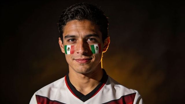 Hispanic fan wearing mexican flag face paint and white soccer jersey, smiling in studio