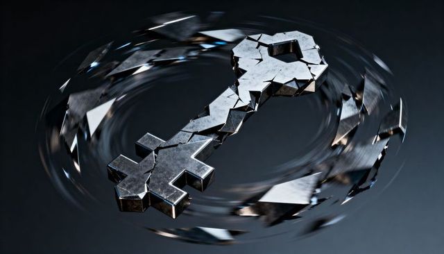 Rotating fractured metallic key with spinning shards - futuristic security concept