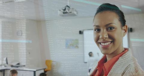 Female Instructor Presenting Coding Workshop with Projected Code Overlay in Modern Classroom