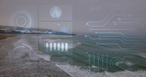 Monitoring coastal surf with hud overlay and radar mapping from drone over snowy headland