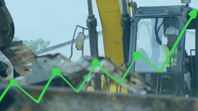 Video shows a worker at a rubbish dump with an animated data chart overlay, highlighting growth and progress. Ideal for illustrating concepts related to waste management, construction productivity, business analytics, economic growth, technological advancement in industry, and sustainability initiatives. Practical for use in business presentations, environmental studies, industrial reports, and educational materials on the intersection of technology and industry.