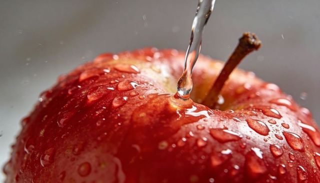 Pouring water over glossy red apple macro showing droplets wet texture and stem highlights