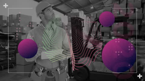 Warehouse Worker Analyzing Stock with Abstract Animation