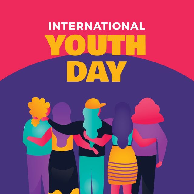 International youth day text with women hugging each other icon against pink and purple background. international youth day awareness concept