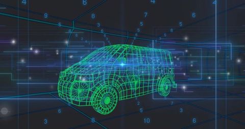 Futuristic neon green van wireframe in virtual space