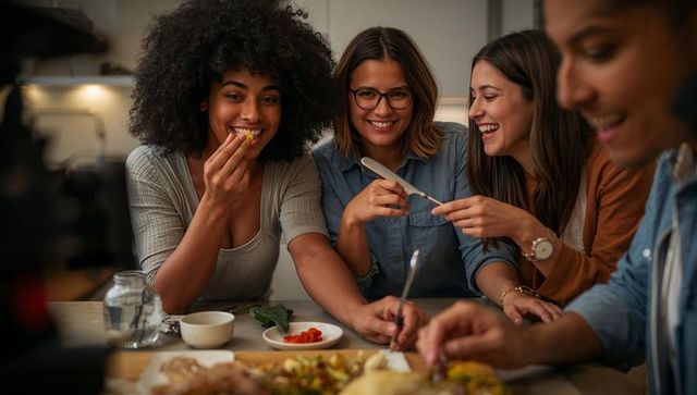 Diverse friends sharing roasted poultry at kitchen counter, laughing and serving together
