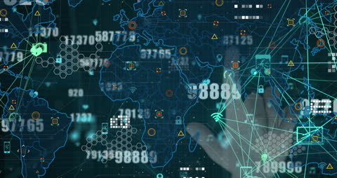 Digital World Map with Icons and Numeric Data Overlay