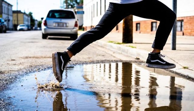 Leaping legs in high-top sneakers splashing puddle on sunlit urban street reflection