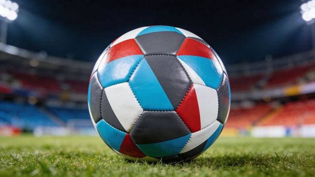 Close-up vibrant multicolor soccer ball resting on grass under stadium lights at night