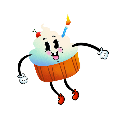 Vibrant cartoon cupcake with candle on transparent background
