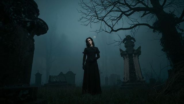 Solitary Victorian Woman in Misty Gothic Cemetery