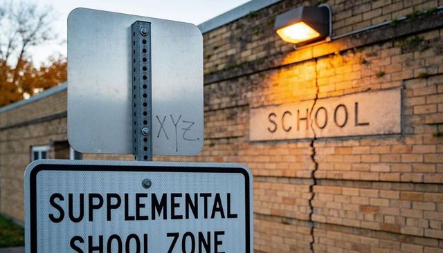 Displaying supplemental school zone sign with graffiti beside cracked brick school wall