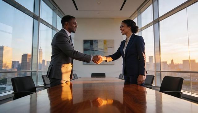 Executives shaking hands in glass boardroom with city skyline sunset and table reflection