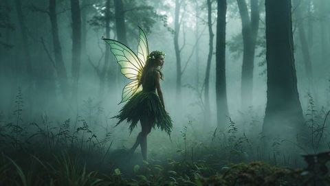 Ethereal Fairy with Glowing Wings in Mystical Woodland Scene