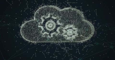 Futuristic Cloud Network with Glowing Gears and Digital Nodes