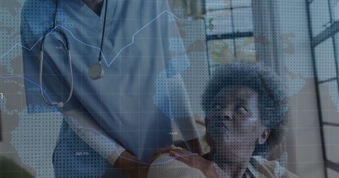 Nurse Supporting Senior Patient with Global Health Data Concept