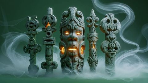 Mystical glowing carved haiti totem pillars with spiritual auras