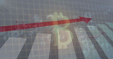Ascending bitcoin symbol on financial chart with red arrow