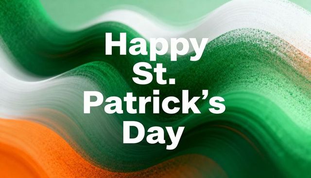 Happy st. Patrick's day bold white text on abstract green orange tricolor wave background