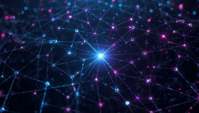 Radiating neon neural network node pulsing with cyan magenta data filaments and glow