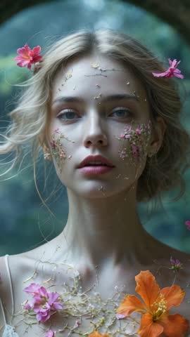 Ethereal botanical vertical clip: model blinking and parting lips beneath soft mossy arch