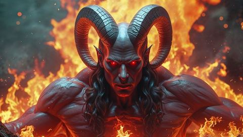 Satan overlord with flaming backdrop and dominant aura