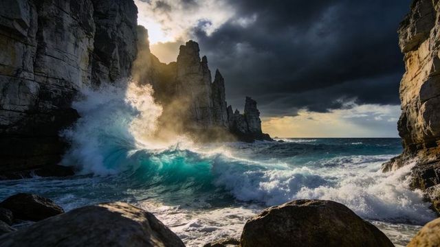 Crashing turquoise wave sending spray against rugged cliffs at sunlit stormy coastal cove