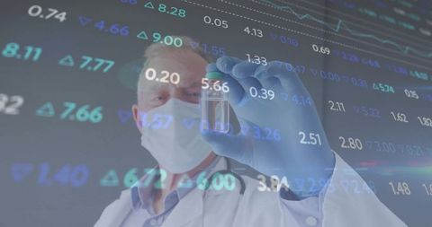 Scientist Analyzing Vial with Stock Market Data Overlay