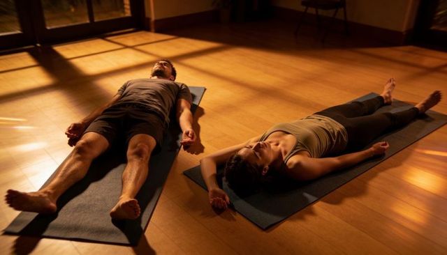 Couple practicing savasana on yoga mats in sunlit studio for relaxation and mindfulness