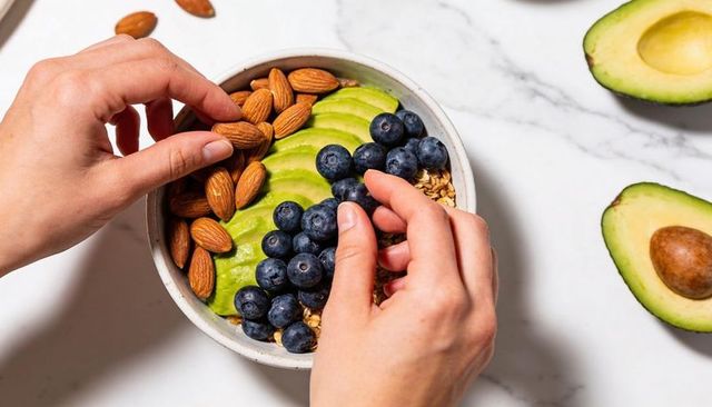 Hands arranging avocado blueberries almonds in healthy breakfast bowl flatlay