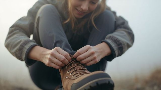 Young woman tying hiking boot laces on misty trail closeup for outdoor adventure