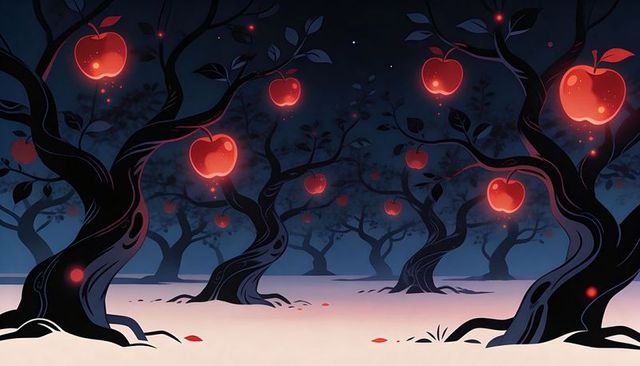 Twilight orchard with glowing red apples on twisted black trees, mystical nightscape