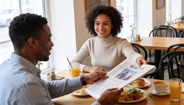 Couple sharing newspaper and breakfast at sunlit cafe, smiling over coffee