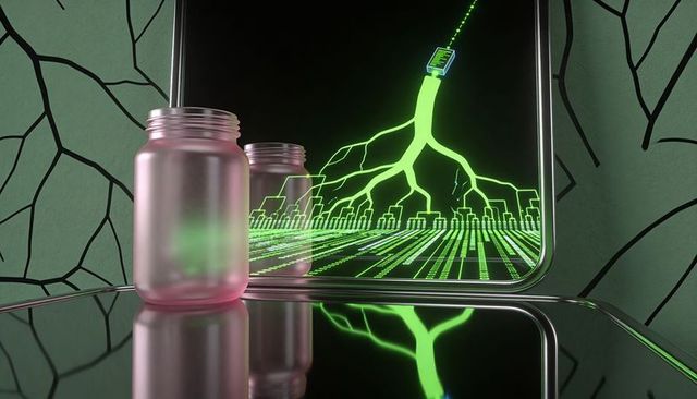 Frosted pink jar reflecting on glossy black tabletop with neon green circuit mirror display