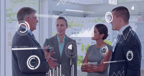 Business Team Analyzing Data with Digital Interface Visuals