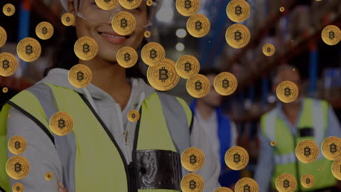 Smiling Warehouse Worker Surrounded by Bitcoin Symbols