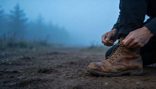 Hiker tying muddy leather boot on foggy forest trail closeup for outdoor adventure