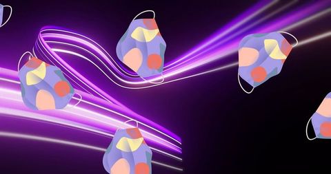 Colorful face masks floating over vibrant light trails