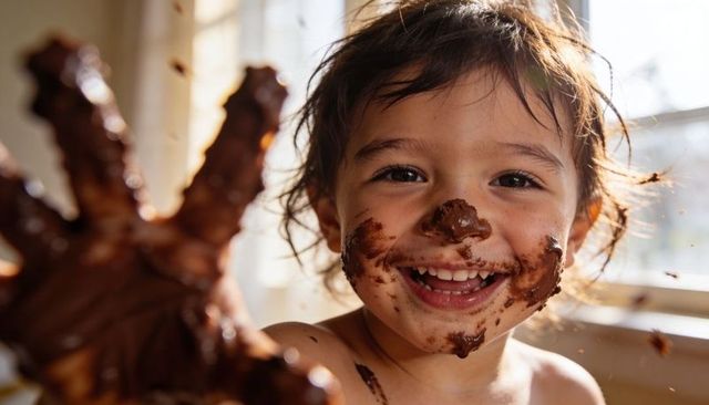 Smiling toddler reaching out with chocolate-covered hand and messy face, playful kitchen morning