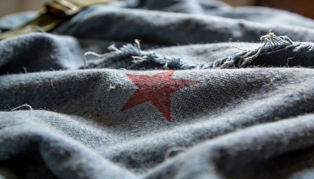 Worn wool blanket displaying faded red star, frayed fringe and herringbone texture, brass buckle