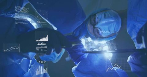 Surgical team performing operation with augmented reality hud and real-time monitoring
