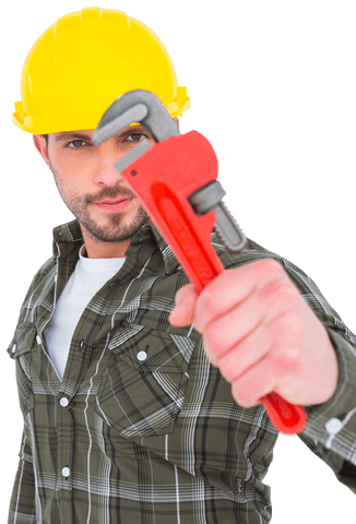 Worker in Safety Gear Holding Transparent Wrench Tool